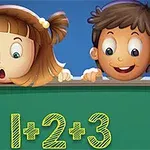 Two cartoon children, a girl with a surprised expression and a boy with a happy smile, lean over a green chalkboard displaying the equation 1+2+3 in bright yellow letters against a blue background