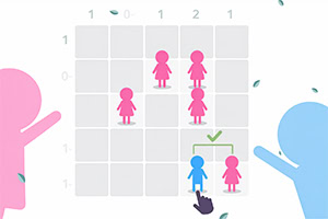 Simple grid puzzle with pink and blue human icons, a hand cursor selecting a blue figure next to a pink figure, and a green check mark above them