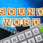 The image features a colorful graphic promoting a game titled 1 Sound 1 Word, with bold letters arranged playfully and a keyboard interface, set against a blue background with filmstrip elements