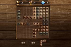 Wooden tabletop with a square grid board filled with small illustrated tiles and a top bar showing trophy, star, and gem icons with counters