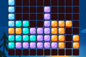 A colorful grid-based puzzle featuring variously shaped blocks in shades of blue, purple, and orange against a dark background