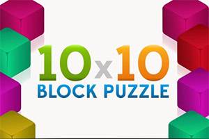 Colorful 3D blocks framing the 10x10 BLOCK PUZZLE text on a white background