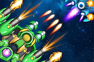 A vibrant space scene featuring a green spaceship firing projectiles at an enemy spacecraft, set against a dark starry background