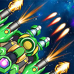 A vibrant space scene featuring a green spaceship firing projectiles at an enemy spacecraft, set against a dark starry background