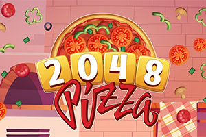Colorful pizza-themed graphic with a large 2048 Pizza logo over a pizza topped with tomatoes, peppers, and mushrooms