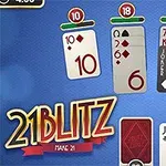 A screenshot of the card game 21 Blitz, featuring various cards with values 10, 6, 7, King, and Jokers, along with the game title prominently displayed at the bottom