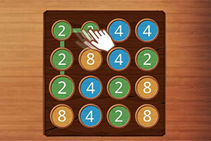 A wooden grid featuring circular tiles in various colors with numbers 2, 4, and 8, and a hand gesture hovering over one of the tiles