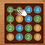 A wooden grid featuring circular tiles in various colors with numbers 2, 4, and 8, and a hand gesture hovering over one of the tiles