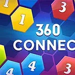 The image features the text 360 CONNECT in bold letters, surrounded by colorful hexagonal tiles displaying numbers, set against a vibrant blue background, suggesting a game or puzzle theme