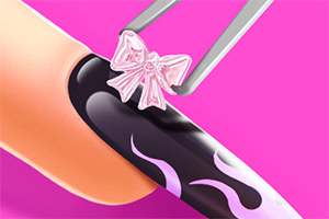 A close-up view of a manicured nail with a black base featuring pink flames, accentuated by a pale pink bow placed on top