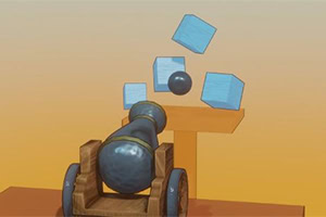 A wooden cannon with a blue barrel fires a black cannonball toward floating blue blocks against a yellow background