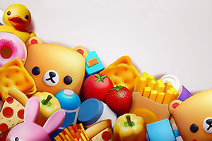 A colorful arrangement of playful emoji-like food items and cute characters, including teddy bears, donuts, fruits, and fast food