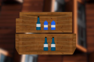 A wooden shelf displaying four bottles, two blue glass bottles and two containers with blue and white color schemes, against a blurred wooden background