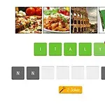 A quiz image featuring four visuals representing Italy: pizza, pasta, the Colosseum, and the Italian flag, with an interactive word game indicating the correct answer is ITALY