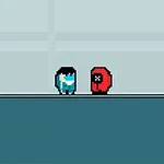 A pixel art scene featuring two cartoonish characters: one in blue and one in red, standing on a flat surface with a minimalistic background