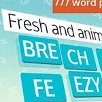 A vibrant graphic featuring the text Fresh and animated above colorful tiles with jumbled letters forming the words BRECH, DI, FEZY, and UP, set against a light blue background with faint text elements