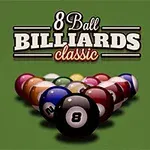 A collection of billiard balls arranged in a triangle with a prominent focus on the 8 ball, set against a green table background, featuring the title 8 Ball Billiards Classic in bold, stylized lettering at the top