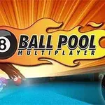 A vibrant graphic featuring the title 8 Ball Pool Multiplayer with a stylized orange and yellow flame background, alongside iconic black and white pool balls on a blue table