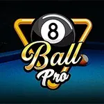 The image features a stylized logo for 8 Ball Pro, showcasing an eight ball at the center, surrounded by a triangular rack outline and three billiard balls on a blue pool table background