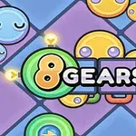 A colorful and playful game interface featuring circular characters, abstract shapes, and the title 8 Gears prominently displayed in the center