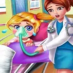 A girl receiving medical attention in a hospital bed, with an attentive doctor and medical equipment, including an IV drip and an oxygen mask