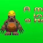 The image features a cartoonish mole wearing a yellow hard hat, standing beside the text A mole in a hole against a vibrant green background