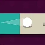 A minimalist illustration of a white ball rolling towards a flag on a pole, set against a purple background, featuring geometric shapes and a contrasting color scheme