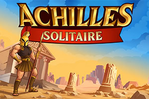 Achilles in golden armor holding a spear before ancient Greek ruins, with a red Solitaire banner beneath the title