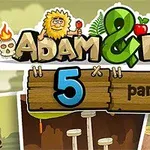 The image features the title screen for Adam & Eve 5 Part I, showcasing cartoon characters Adam and Eve, along with playful graphics and nature elements like trees, a bird, and a wooden sign