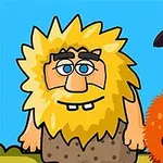 The image features a cartoon caveman with a large beard and bright yellow hair standing next to a colorful, furry orange creature with one large eye and a fluffy appendage on its head, set against a vibrant blue background