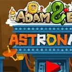 The image features the title screen for the game Adam & Eve: Astronaut, showcasing playful cartoon characters, a colorful logo, and various elements like a skull and plants, with a prominent play button in the center