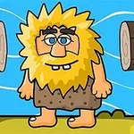 A cartoon character with a large, spiky yellow beard and hair stands on a grassy landscape between two logs, under a blue sky with clouds, resembling a playful prehistoric figure