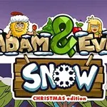 The image features the title Adam & Eve Snow: Christmas Edition, with cartoon-style characters of Adam and Eve surrounded by snowy landscapes and holiday-themed elements, creating a festive look