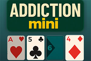 Green title card reading ADDICTION mini above four playing cards: ace of hearts, five of clubs, a teal card with a black 6, and four of diamonds