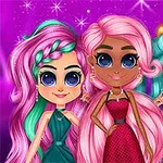 Three animated girls with large expressive eyes and colorful hairstyles stand together, featuring vibrant pink, teal, and darker tones, against a sparkling purple background