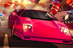 A vibrant pink sports car races through a chaotic scene with explosions and police presence in a stylized, animated setting