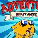 A vibrant cartoon scene featuring a character named Bullet Jakke, with a bright yellow appearance and large blue eyes, set against a dynamic blue background and bold red text reading ADVENTURE