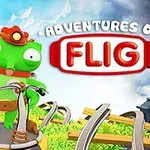 The image features a vibrant green cartoon character named Flig, wearing a red helmet, standing on a fun ride with colorful landscapes and a whimsical background, along with the text Adventures of Flig