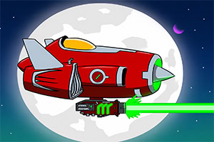 Red retro rocket spaceship with green exhaust flying across a starry sky in front of a full moon