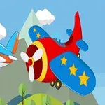 A vibrant cartoon scene featuring two colorful airplanes flying over green mountains and fluffy clouds, with one airplane in blue and orange and the other in red with yellow stars
