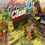 The image features a stylized 3D video game scene titled Airport Clash 3D, showcasing a colorful airport environment with a helicopter and various buildings amid a landscape filled with trees and structures