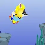 A cartoon fish with bright yellow and blue colors swims through a colorful underwater landscape, featuring rocks, a shell, and an orange starfish