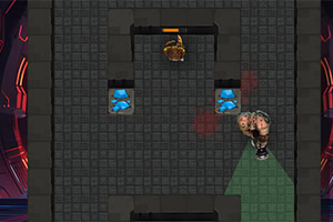 A top-down view of a game scene featuring a character facing an enemy surrounded by walls and blue crystals