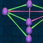 The image depicts a diagram with six purple eggs connected by pink and green lines, forming a geometric network against a dark background