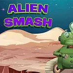 A cartoonish green robot with a large eye and a monocle stands on a rocky alien landscape, with the bold text ALIEN SMASH prominently displayed above it against a starry background