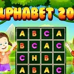 A colorful game interface titled Alphabet 2048 featuring a grid of letters with two cheerful cartoon children celebrating in a forest setting