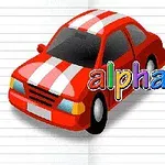 A colorful red toy car with white stripes next to the text alphabet for child on a lined paper background