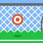 A simple illustration of a soccer goal with a red target in the center, set against a blue sky and green field