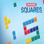 A colorful puzzle game illustration featuring the title Amazing Squares and various geometric shapes in vibrant colors, arranged playfully on a light blue background