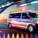 An emergency ambulance with flashing lights is speeding through a tunnel, with colorful traffic cones in the foreground